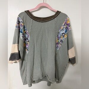 Three Bird Nest Striped Floral 3/4 Sleeve Top